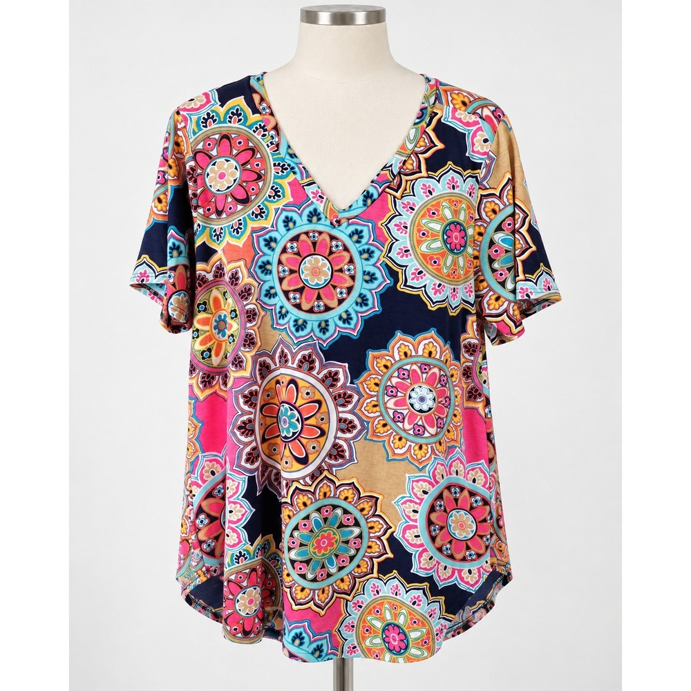 Heimish USA Mandala Floral V-Neck Top Short Sleeve Multi-Color 2XL ST1153-8 PLUS